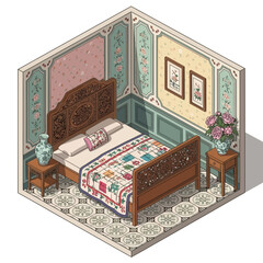 Isometric interior showcasing a traditionally decorated bedroom space