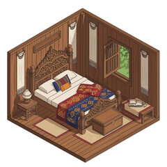 Isometric rendering of a classic wooden room with detailed carved furniture