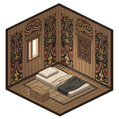 Isometric room illustration, featuring intricate wood carvings and cozy ambiance