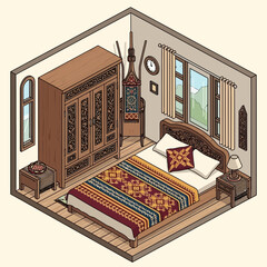 Isometric Room Interior Design with Carved Wood Accents and Cultural Decor