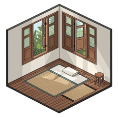 Isometric serene room with tropical view, showcasing tranquility and simplicity