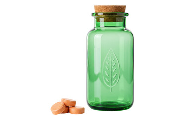 Isolated green glass bottle with cork top and peach-colored pills, organic health remedies