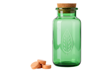 Isolated green glass bottle with cork top and peach-colored pills, organic health remedies