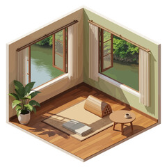 Isometric tranquil room scene with natural light and relaxing minimalist design