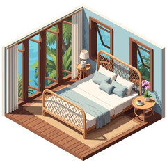 Isometric Tropical Bedroom Retreat with Rattan Furniture and Ocean View