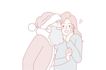 Santa Claus in red costume kissing excited young woman in cheek. New Year and Christmas celebration. Winter holidays. Flat vector illustration.