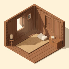 Isometric vintage cabin room interior with window and wooden decorations