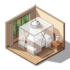 Isometric Bedroom with Mosquito Net, Tropical View: A Peaceful Night's Rest