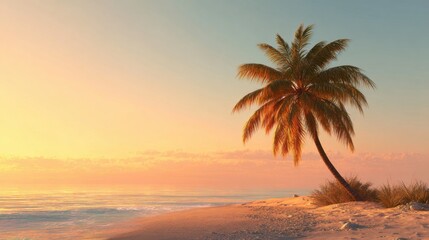 A beautiful sunset casts vibrant colors over a serene beach. A solitary palm tree stands tall on the shore swaying gently in the warm breeze as waves softly lap at the sand.