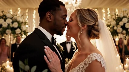 Couple kiss during elegant wedding ceremony surrounded by floral decoration and soft lighting