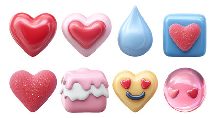 Obraz premium Glossy Heart Trinkets and Cute Icons for Romantic Valentine's Day Illustration