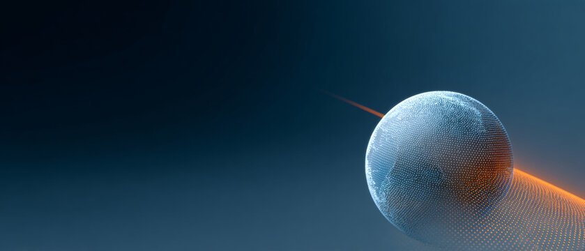 Digital globe composed of glowing blue dots with orange light trail on dark blue gradient background representing technology and data flow - Powered by Adobe
