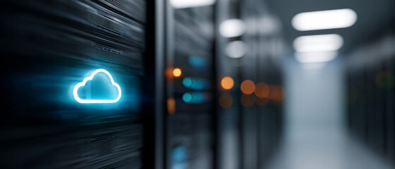 Close-up of illuminated cloud icon on server rack in modern data center with blurred background and bokeh lights