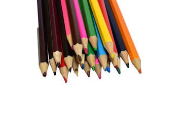 A pile of colored drawing pencils lie on a PNG background.
