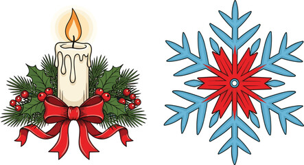 Lit Christmas candle with pine and holly wreath, red and blue winter snowflake design, traditional holiday decorations, cad drawing flat vector illustration