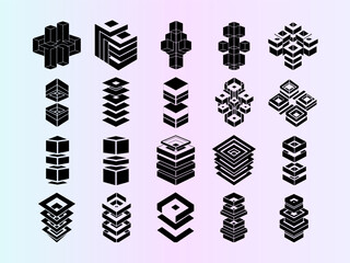 Abstract Geometric 3D Shapes Vector Set. Modern Isometric Cube & Block Design Elements Collection