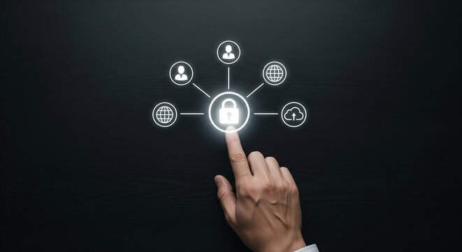 Hand touching a glowing lock icon, symbolizing digital security and data protection