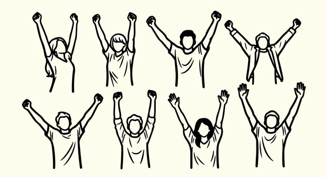 People celebrating with raised arms, joyful moment