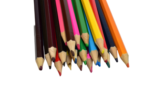 A pile of colored drawing pencils lie on a PNG background.