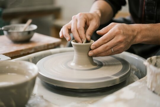 Hands shaping clay on a pottery wheel in a workshop setting - Powered by Adobe