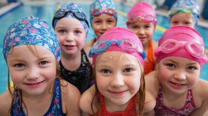 Excited young girls wearing vibrant swim caps and goggles cheerfully gather by the poolside.