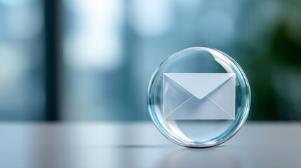 White envelope icon inside transparent glass bubble on reflective surface with blurred blue and green background