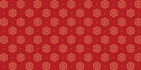 Elegant seamless pattern with golden snowflakes and tiny stars on a rich red background, perfect for Christmas wrapping paper, festive textiles, greeting cards, invitations and seasonal holiday design