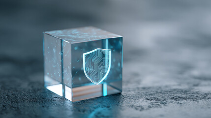 Transparent glass cube with glowing digital shield icon representing cybersecurity and data protection on textured surface