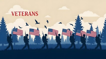 Veterans Day honoring soldiers carrying American flags in silhouette