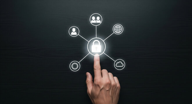 Hand touching glowing digital padlock icon surrounded by abstract network connections