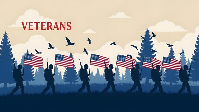 Veterans Day honoring soldiers carrying American flags in silhouette
