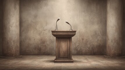 Ornate wooden podium featuring two microphones stands ready in a dimly lit, antique room setting