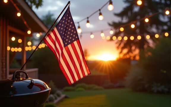 American flag hanging in backyard with string lights and barbecue grill, sunset family gathering concept. High quality