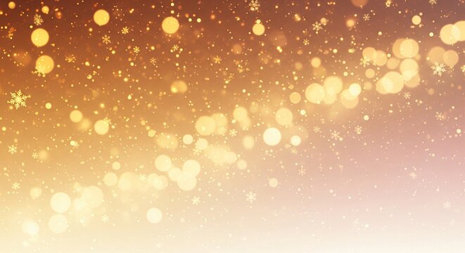 Soft glow of winter lights with golden bokeh particles, gentle snowfall effect, smooth gradient background in warm festive colors, Christmas atmosphere,