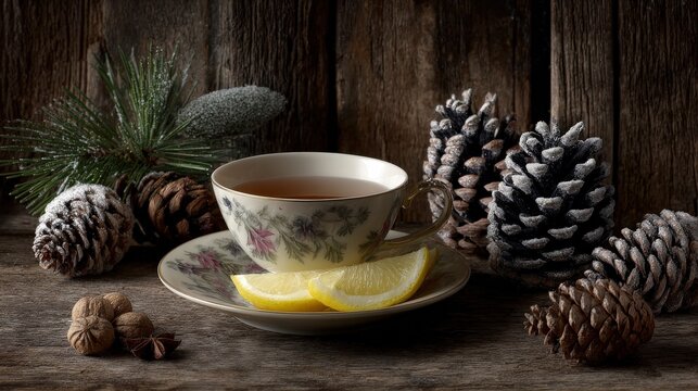 Warm beverage in a floral cup rests amidst natural winter elements on weathered wood