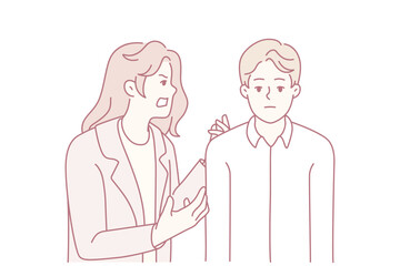 Fototapeta premium Aggressive annoying woman yelling at tired bored husband. Furious mad wife scream and shout at ignorant man. Relationship problems. Vector illustration.