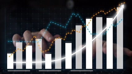 Abstract representation of financial growth as hands interact with graphs and charts on a digital screen, highlighting key metrics and trends in business performance. Copula