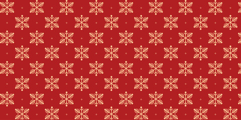 Elegant seamless pattern with golden snowflakes and tiny stars on a rich red background, perfect for Christmas wrapping paper, festive textiles, greeting cards, invitations and seasonal holiday design