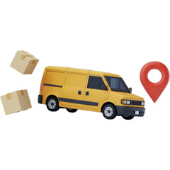 Yellow delivery van with boxes and location pin on black background