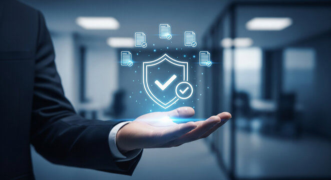 Businessman's hand projecting a glowing digital shield with checkmarks, symbolizing data protection and security.