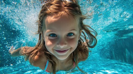 A young girl with long hair swims joyfully underwater in a bright blue pool. She smiles at the camera showcasing carefree fun during a sunny day of summer adventures.