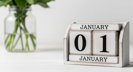 Rustic wooden blocks display 'January 1st' with a hint of green foliage in a glass vase in the background, marking the start of a new year