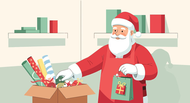 Santa sorting christmas gifts in a workshop getting ready for the holiday season delivery run