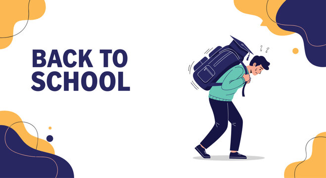 Stressed student carrying a heavy backpack with a graduation cap for a back to school concept illustrating academic pressure.