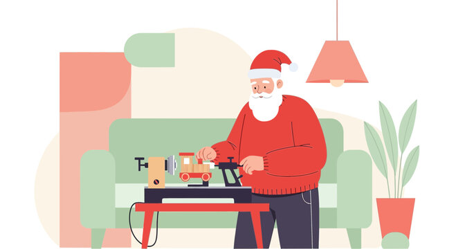 Santa's workshop: Crafting wooden train toys in a cozy festive setting illustration