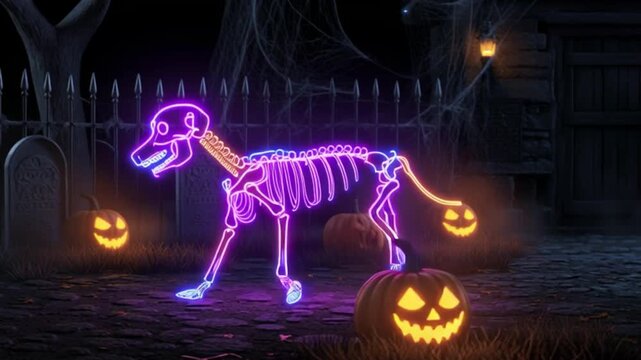 neon glowing dog skeleton walking in spooky halloween night scene, vibrant animated bones illuminated in eerie cemetery atmosphere with pumpkins lanterns fog and haunted background creating magical fe