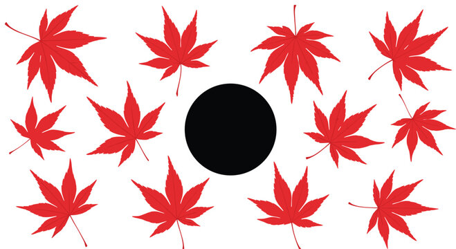 Collection of vibrant red japanese maple leaves arranged in a circular frame around a black copy space on a white background.