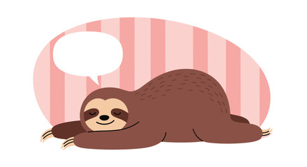 Naklejka premium Adorable cartoon sloth relaxing and dreaming with a blank speech bubble for text against a cute pink striped background.