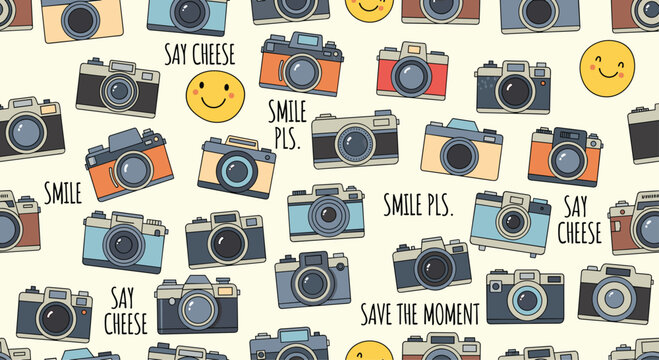 Fun seamless pattern of colorful retro cameras and smiley faces with photography phrases for a vintage and cheerful background.