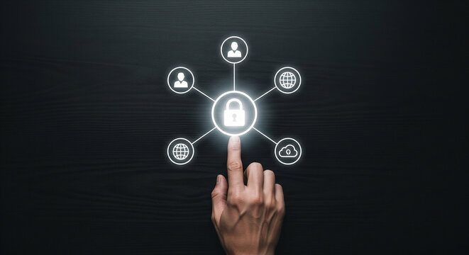 Finger touches glowing padlock icon connecting digital network of people and cloud services